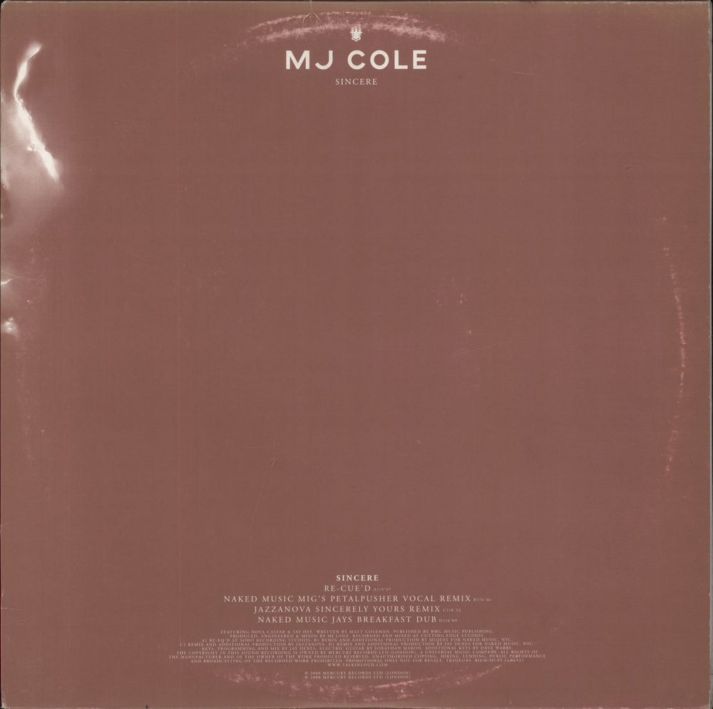 MJ Cole Sincere (Remixes) UK 12" vinyl single (12 inch record / Maxi-single) TKDJ83/84