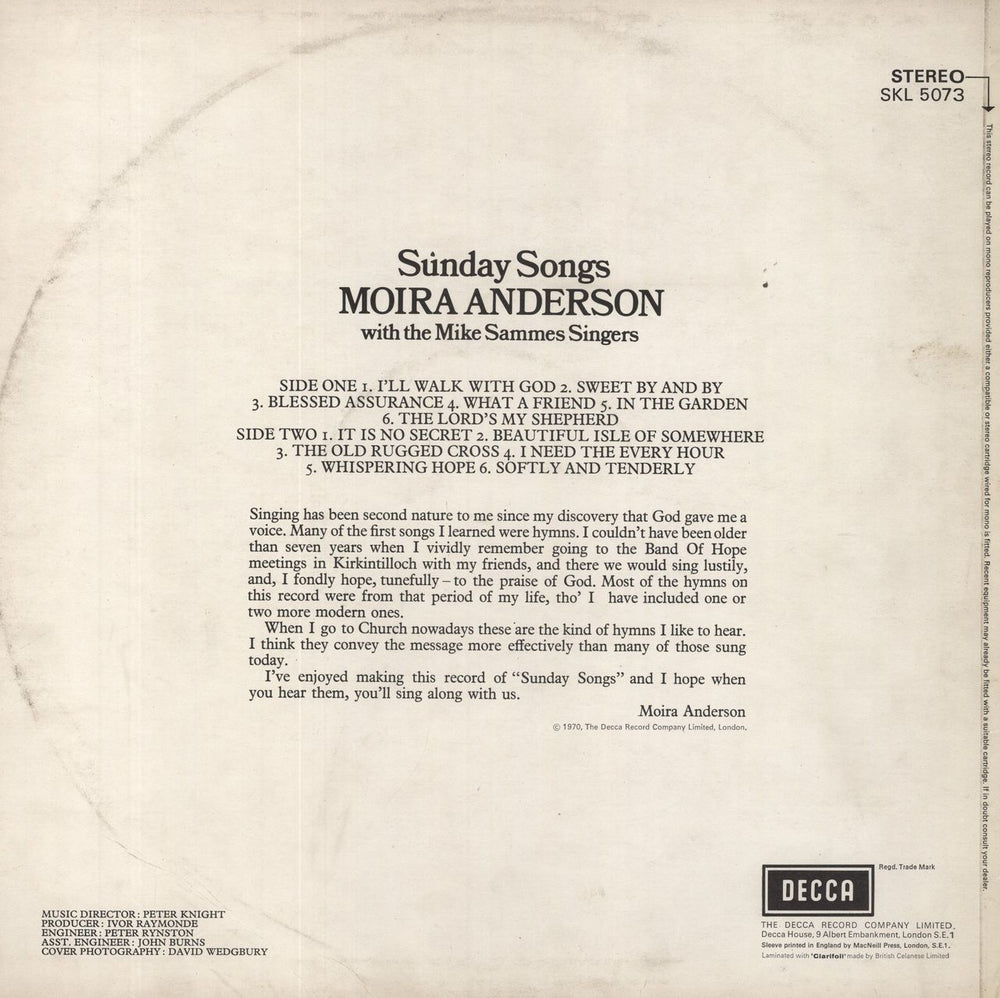 Moira Anderson Sunday Songs UK vinyl LP album (LP record)