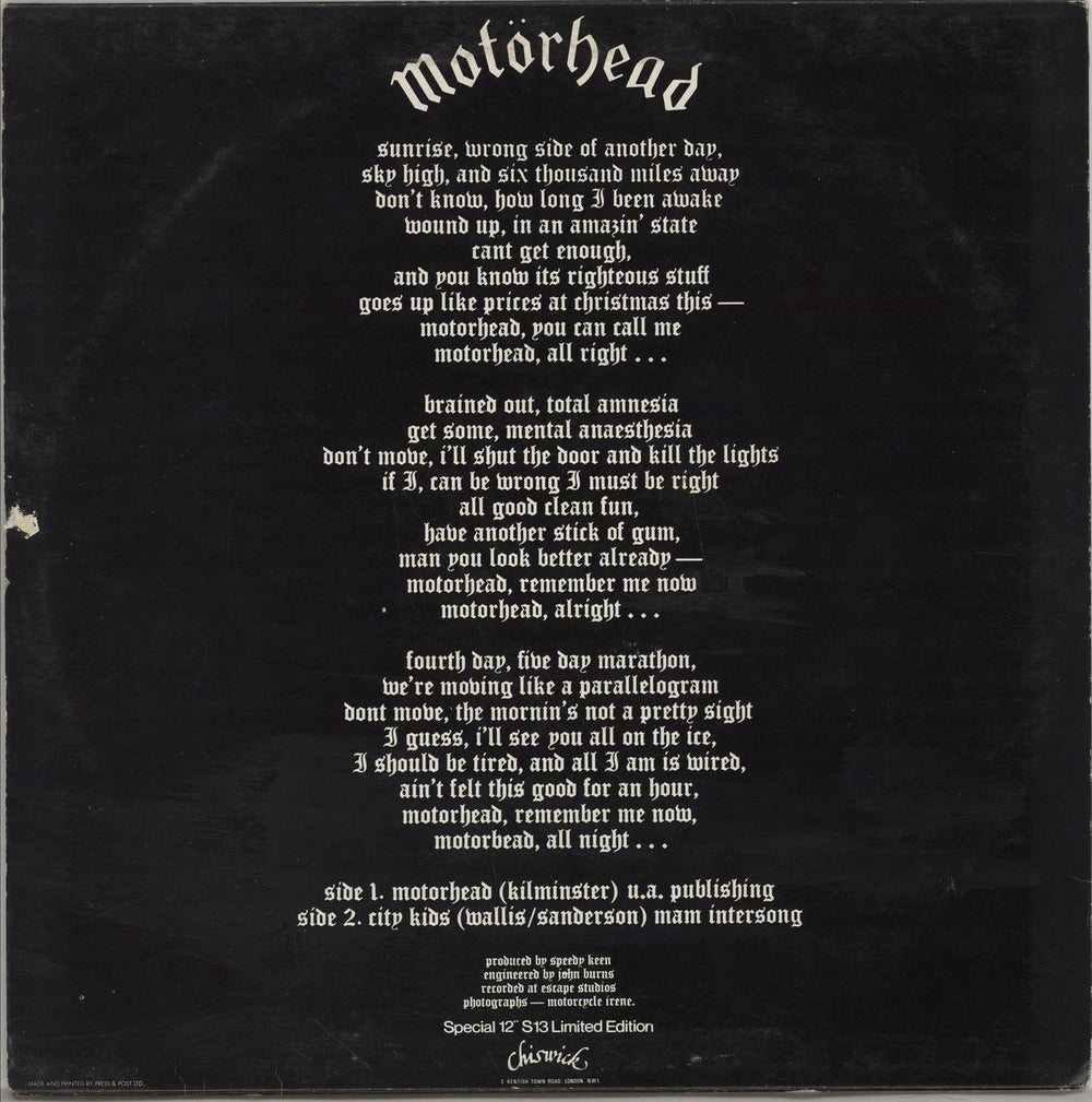 Motorhead Motorhead - VG UK 12" vinyl single (12 inch record / Maxi-single)