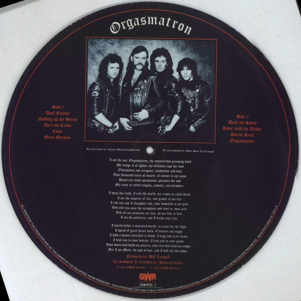 Motorhead Orgasmatron UK picture disc LP (vinyl picture disc album) MOTPDOR25213