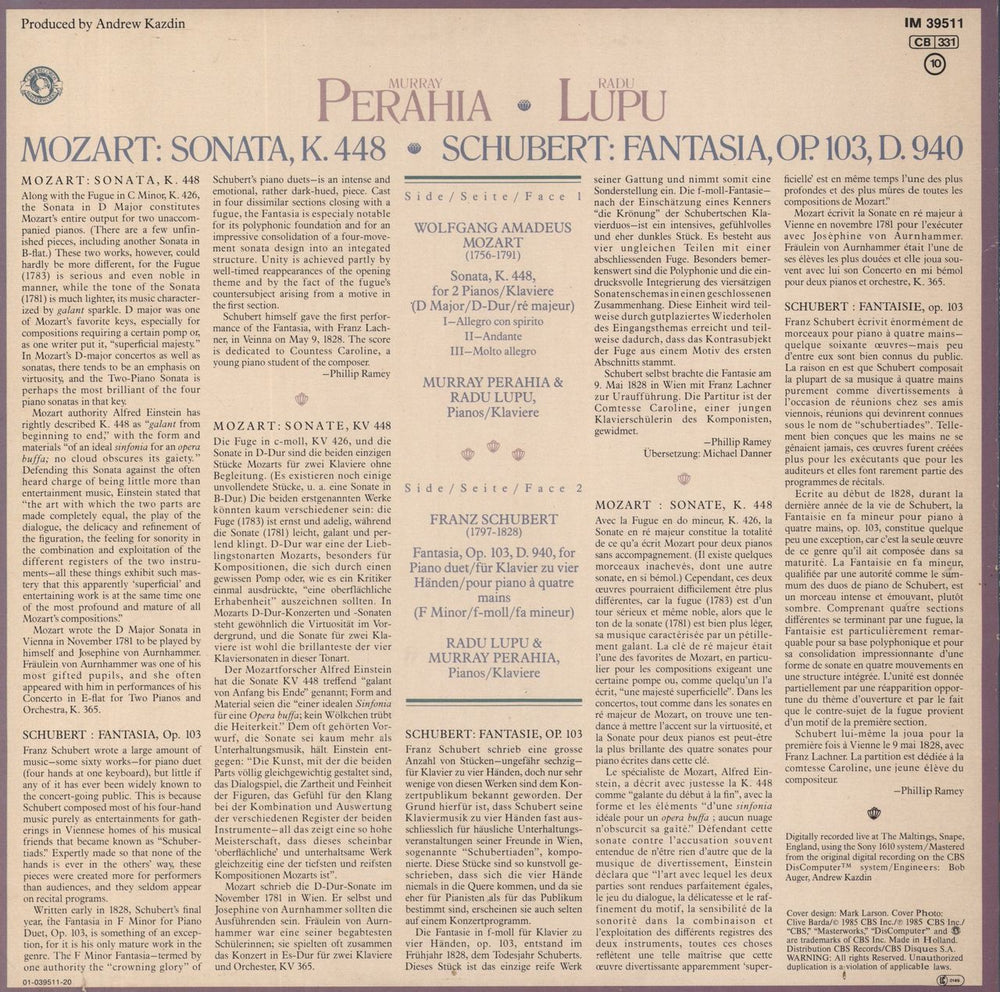 Murray Perahia Mozart: Sonata K. 448 / Schubert: Fantasia Op. 103, D.940 Dutch vinyl LP album (LP record)