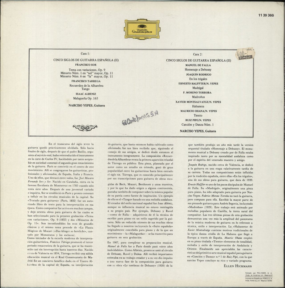 Narciso Yepes Cinco Siglos De Guitarra Española VL.II Spanish vinyl LP album (LP record)