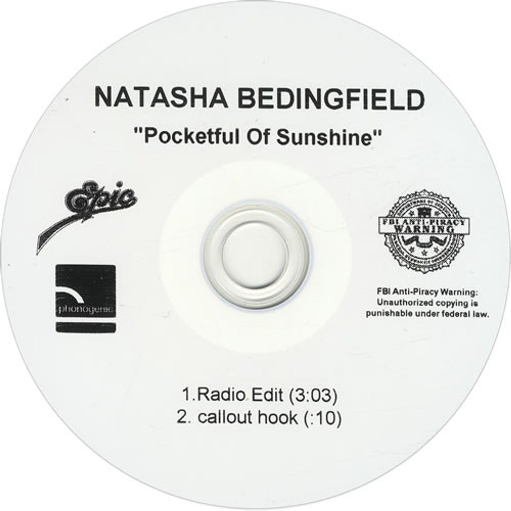 Natasha Bedingfield  Pocketful Of Sunshine US Promo CD-R acetate CDR ACETATE