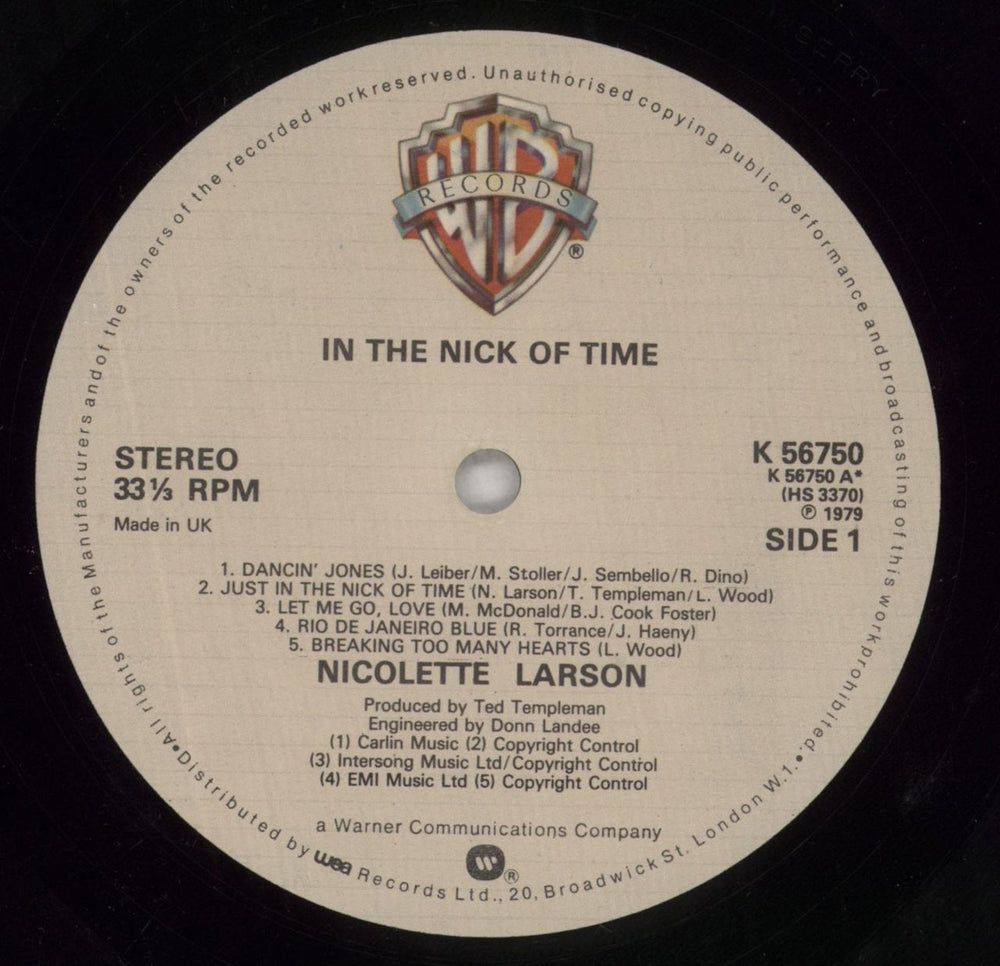 Nicolette Larson In The Nick Of Time UK vinyl LP album (LP record) NC0LPIN475799