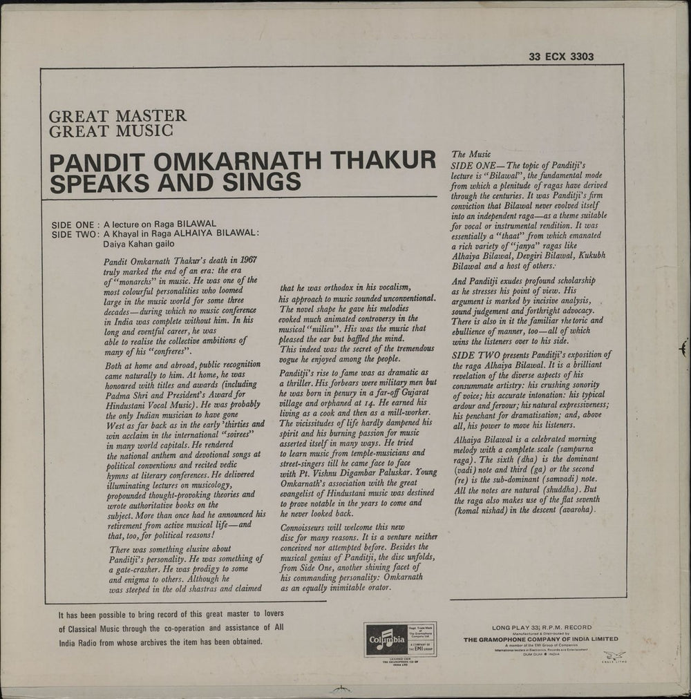 Omkarnath Thakur Speaks And Sings Indian vinyl LP album (LP record)