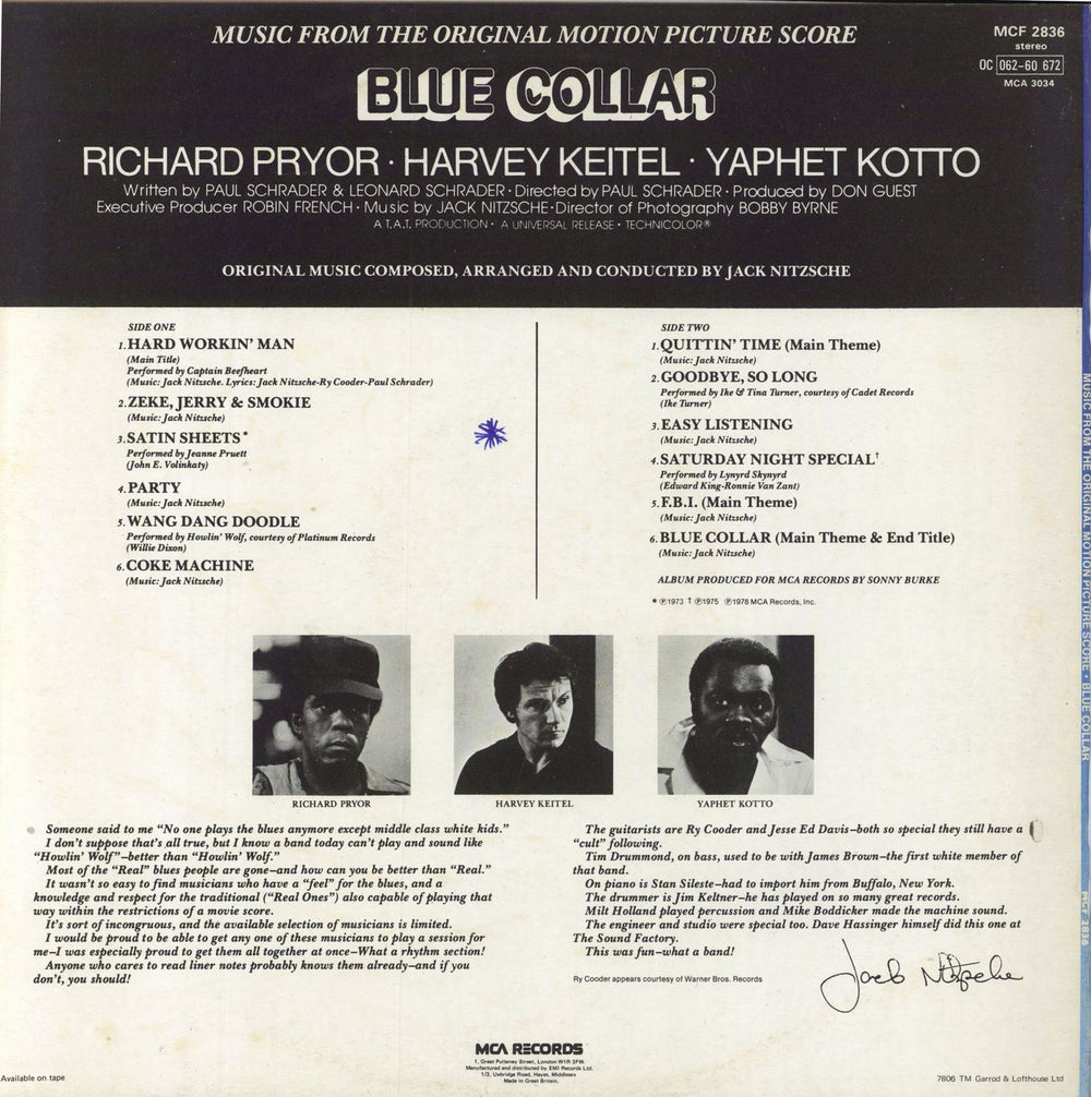 Original Soundtrack Blue Collar - Test Pressing UK vinyl LP album (LP record)