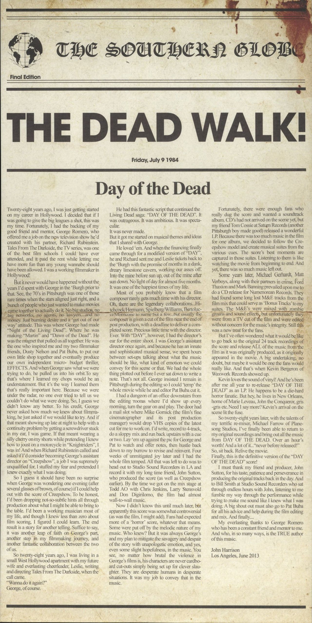 Original Soundtrack George A. Romero's Day of the Dead - Red 'Blood Smear' Vinyl US 2-LP vinyl record set (Double LP Album) 2017