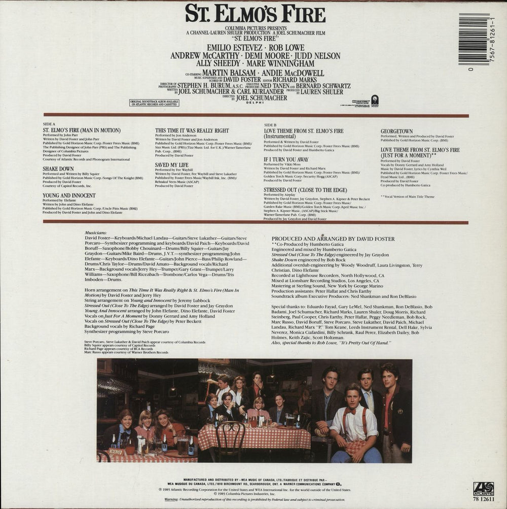Original Soundtrack St. Elmo's Fire Canadian vinyl LP album (LP record) 075678126116