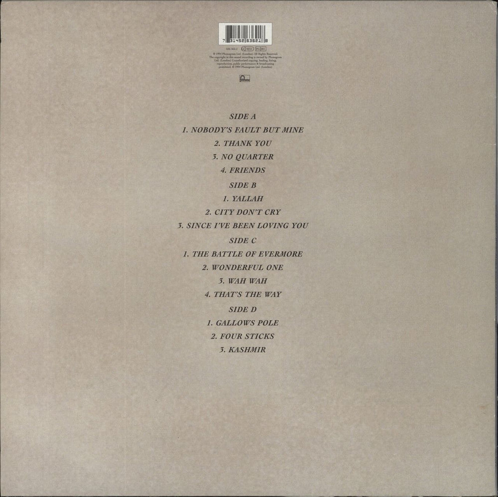 Page & Plant No Quarter UK 2-LP vinyl record set (Double LP Album) 731452636218