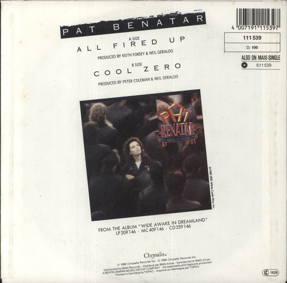 Pat Benatar All Fired Up German 7" vinyl single (7 inch record / 45) 4007191115397