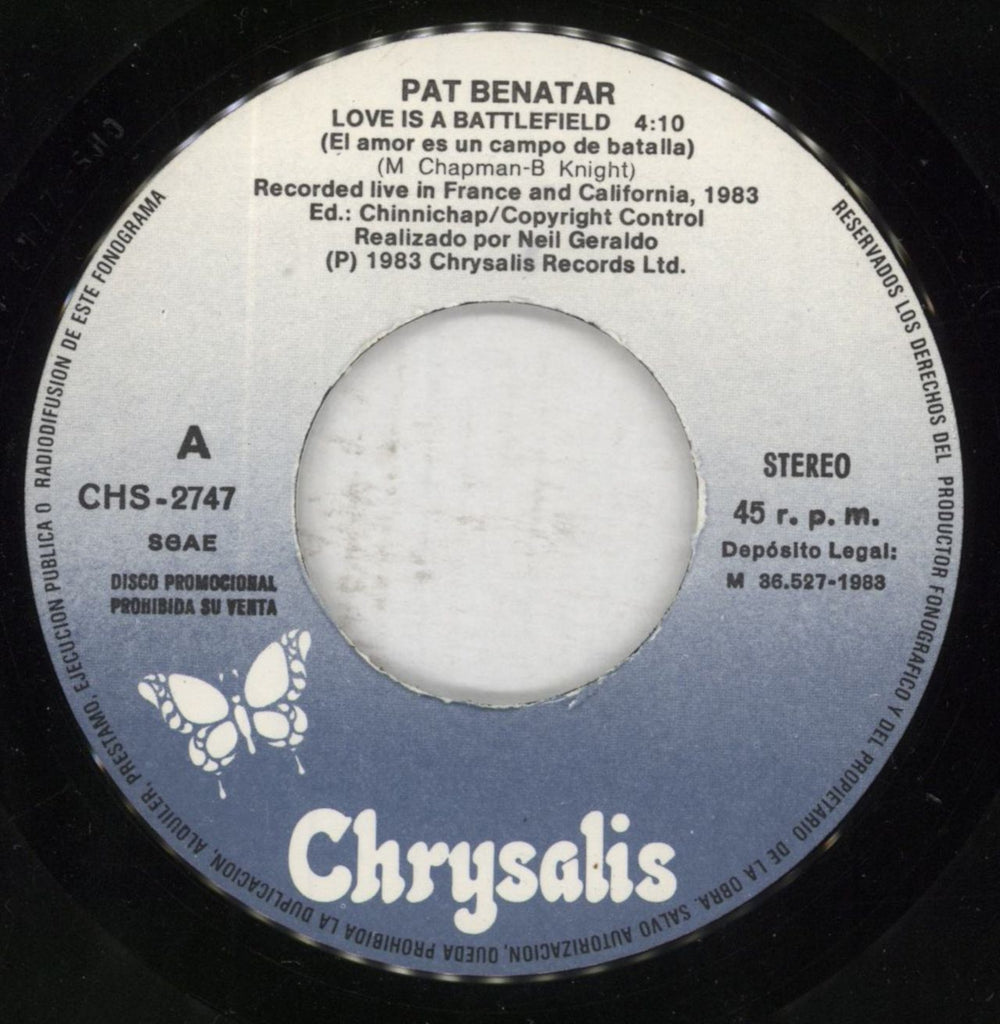 Pat Benatar Love Is A Battlefield Spanish Promo 7" vinyl single (7 inch record / 45) BEN07LO850820