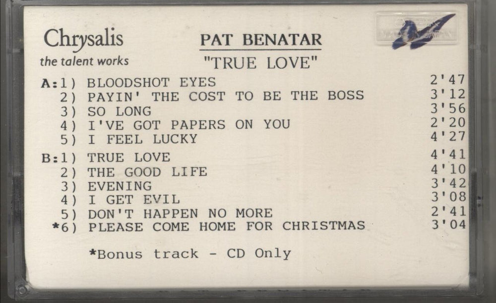 Pat Benatar True Love UK Promo cassette album