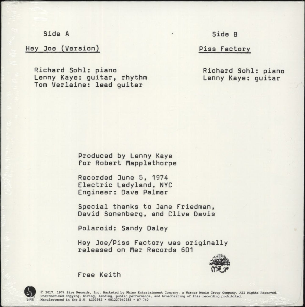 Patti Smith Hey Joe (Version) / Piss Factory - RSD17 - Sealed UK 7" vinyl single (7 inch record / 45) 0081227940935