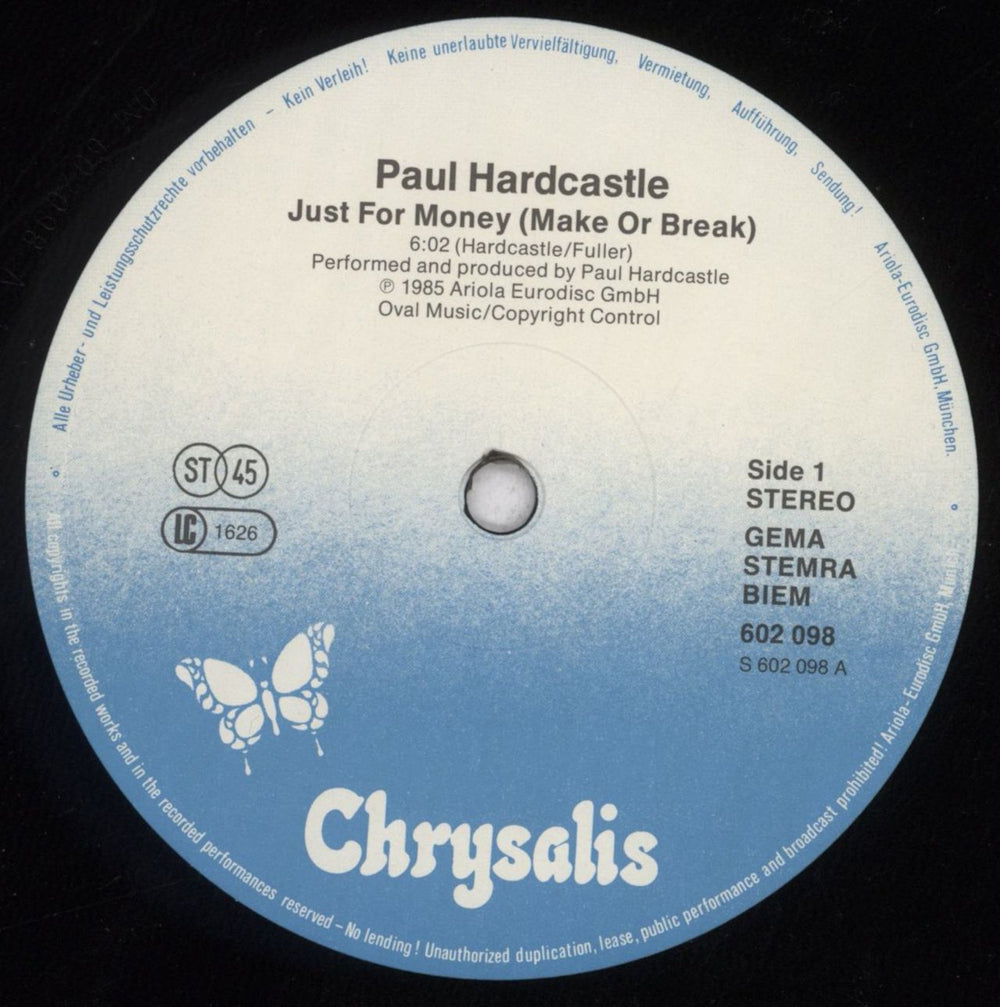 Paul Hardcastle Just For Money German 12" vinyl single (12 inch record / Maxi-single) PHA12JU844926