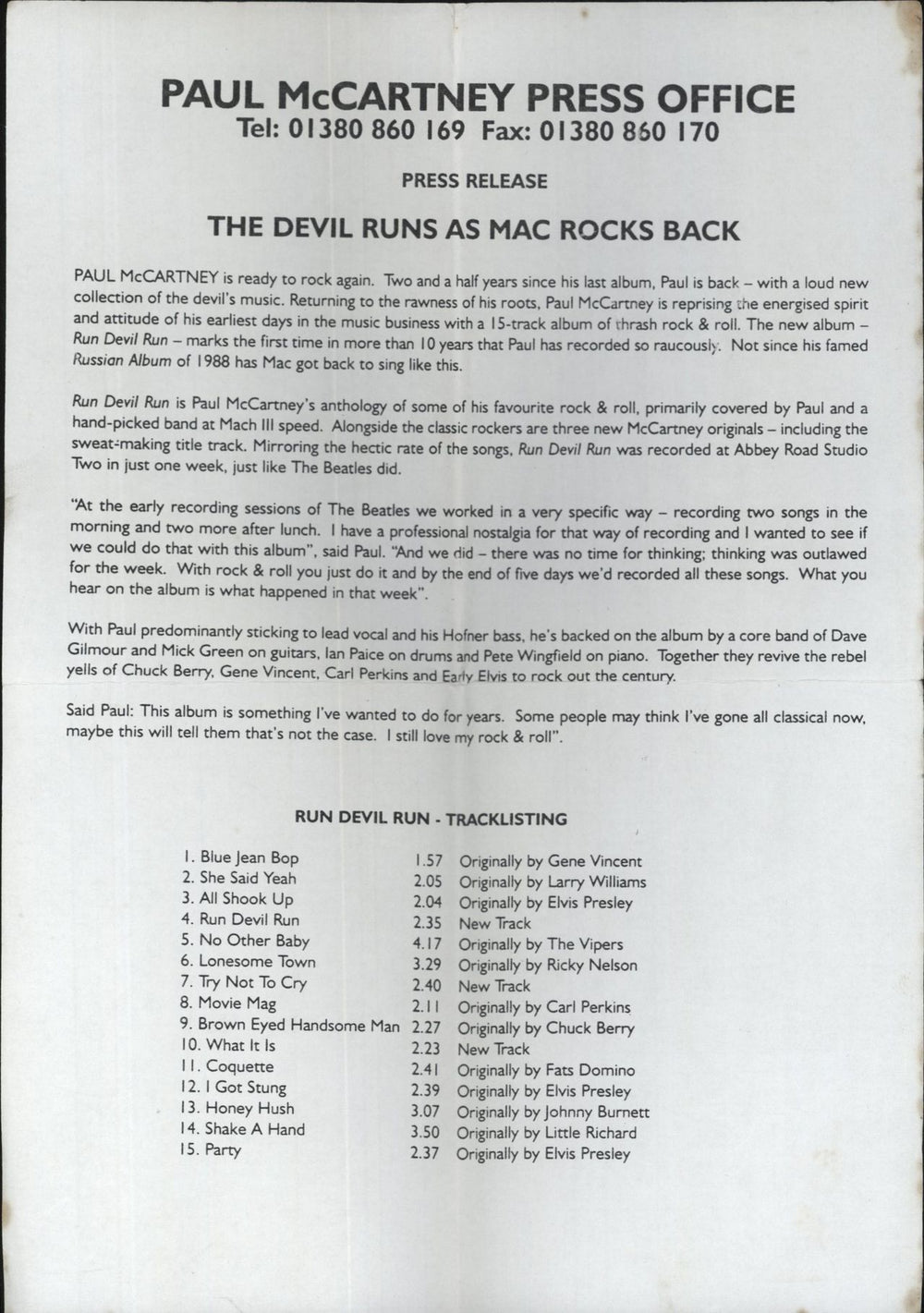 Paul McCartney and Wings Run Devil Run - EPK, Cassette & CD-R + PR UK Promo media press kit
