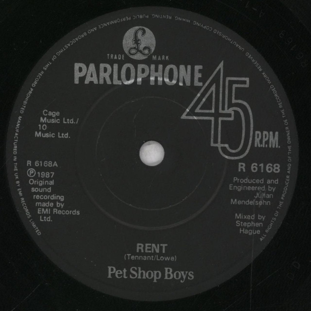 Pet Shop Boys Rent - Paper Label - Factory Sample Stickered UK 7" vinyl single (7 inch record / 45) PSB07RE837663