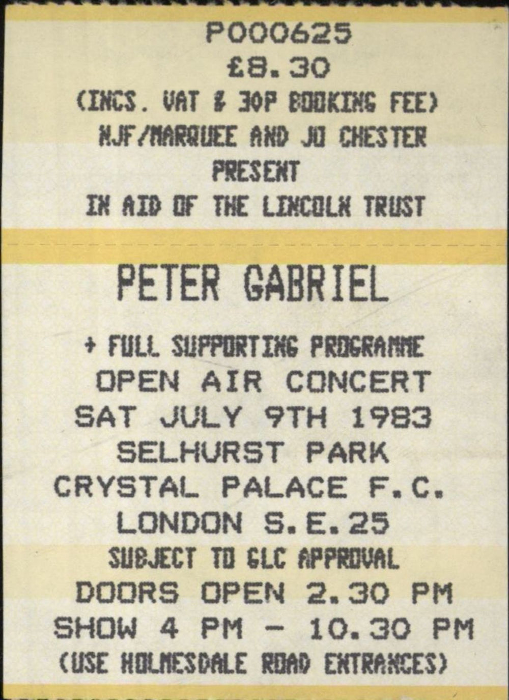 Peter Gabriel Saturday July 9th 1983 + Ticket Stub UK tour programme GABTRSA840884