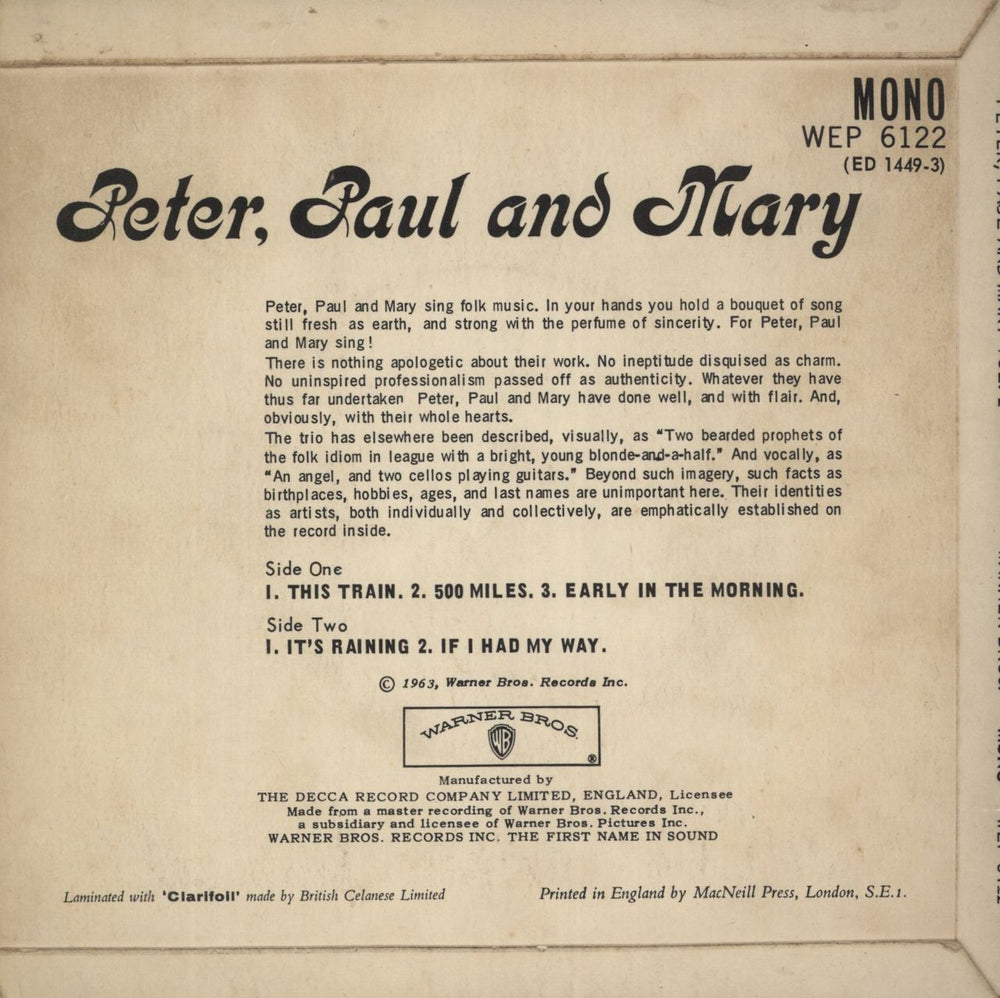 Peter Paul & Mary Peter, Paul And Mary Vol 2 EP UK 7" vinyl single (7 inch record / 45)