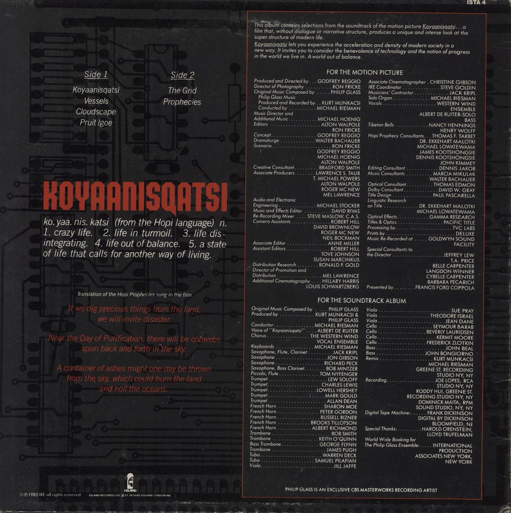 Philip Glass Koyaanisqatsi - EX UK vinyl LP album (LP record)