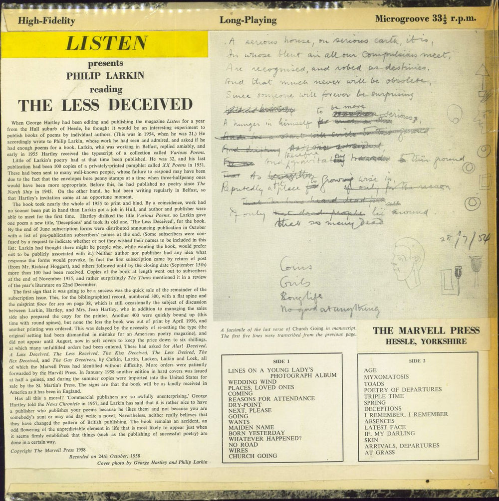 Philip Larkin The Less Deceived UK vinyl LP album (LP record)