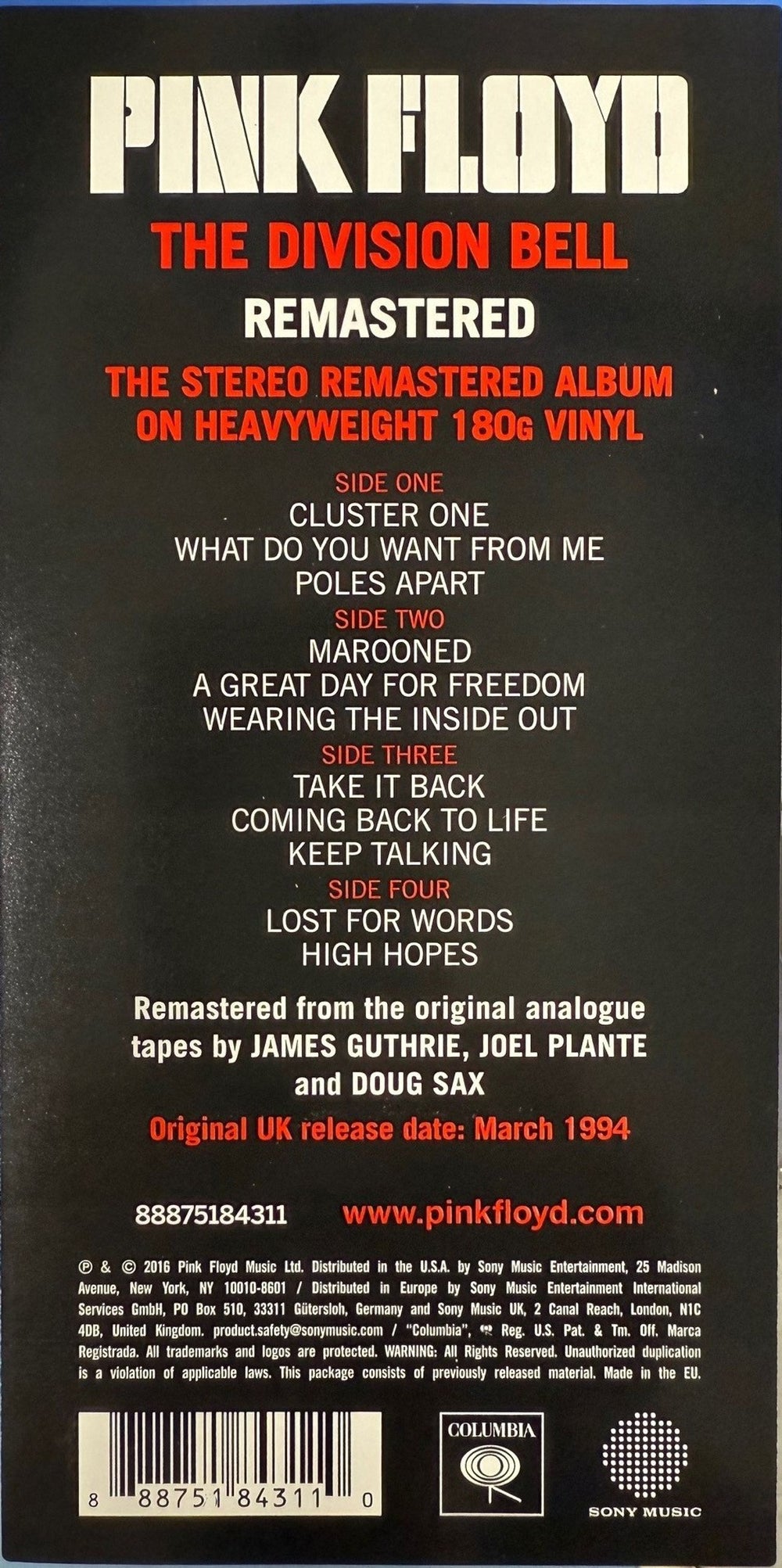 Pink Floyd The Division Bell - Remastered 180 Gram - Sealed UK 2-LP vinyl record set (Double LP Album) PIN2LTH869467