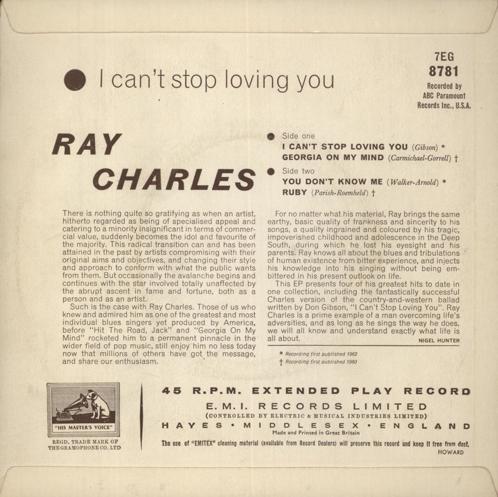 Ray Charles I Can't Stop Loving You EP UK 7" vinyl single (7 inch record / 45)