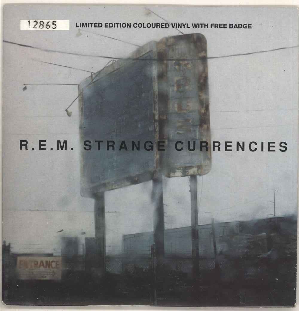 REM Strange Currencies - Neon Green Vinyl + Badge UK 7" vinyl single (7 inch record / 45) W0290X