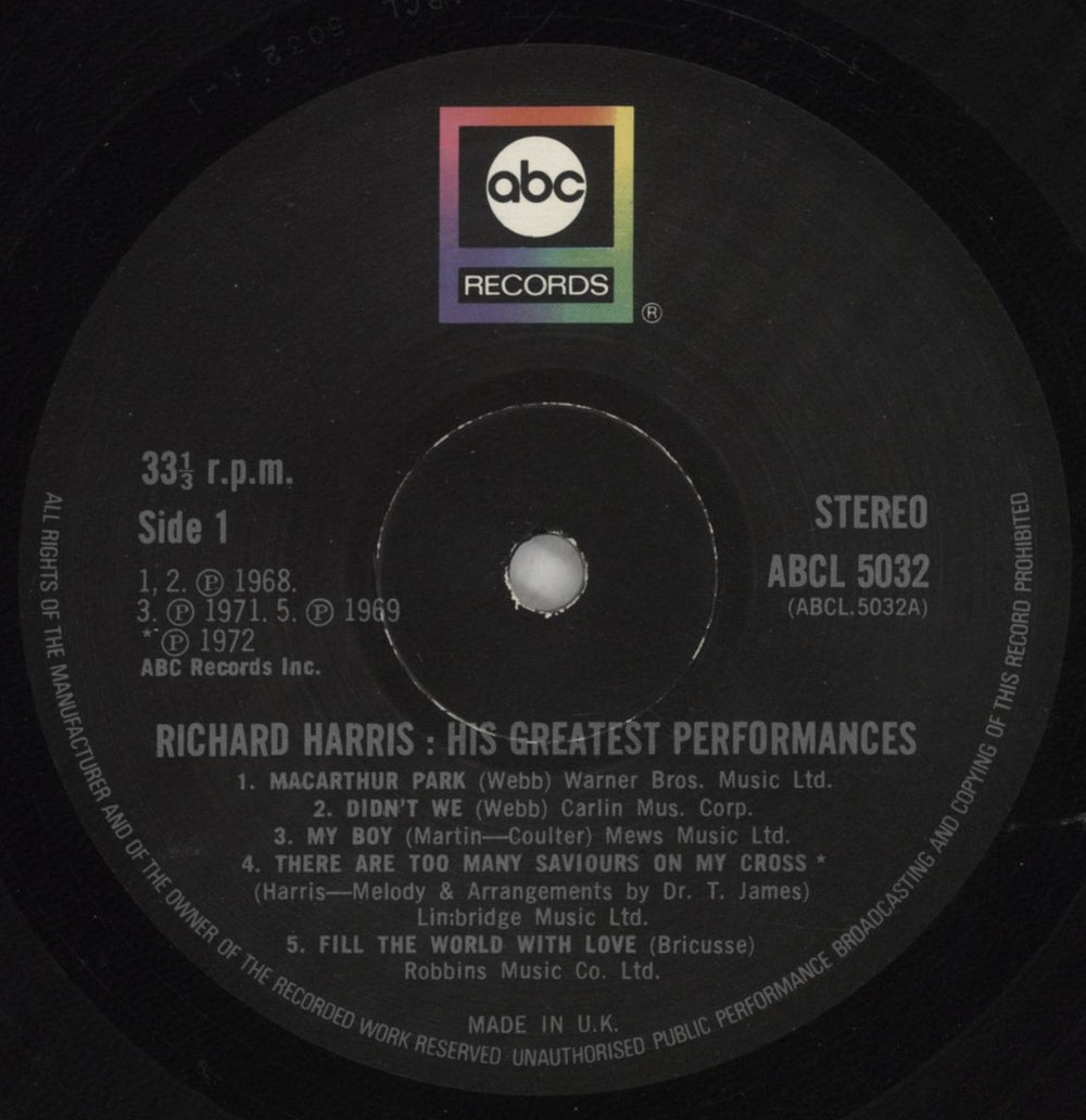 Richard Harris His Greatest Performances UK vinyl LP album (LP record) RHRLPHI687160