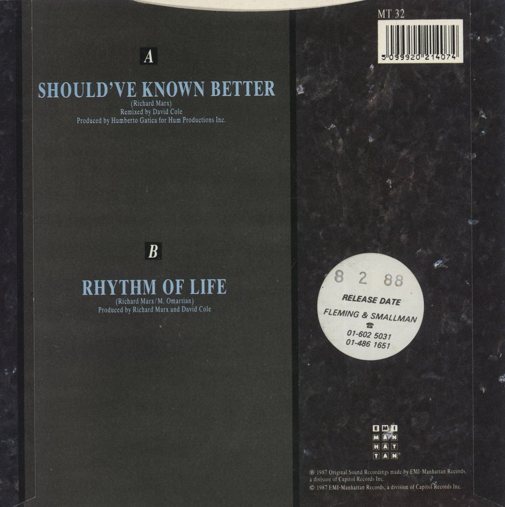 Richard Marx Should've Known Better UK 7" vinyl single (7 inch record / 45) 5099920214074