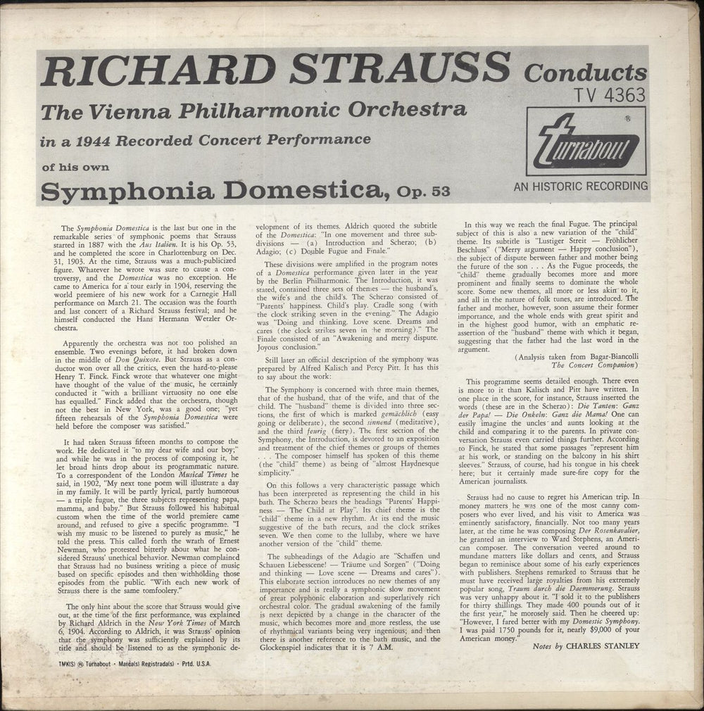 Richard Strauss Richard Strauss Conducts Richard Strauss (Symphonia Domestica, Op. 53) US vinyl LP album (LP record)