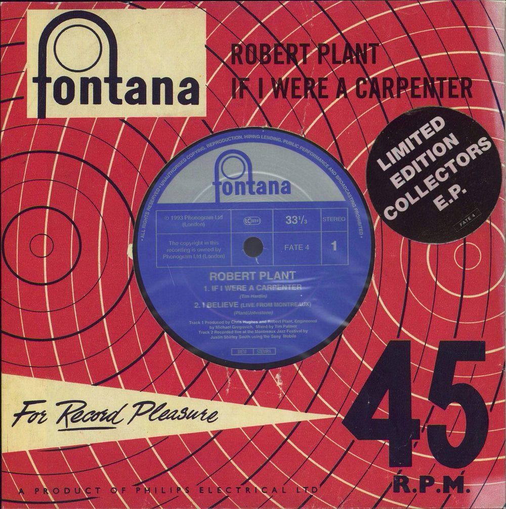 Robert Plant If I Were A Carpenter UK 7" vinyl single (7 inch record / 45) FATE4