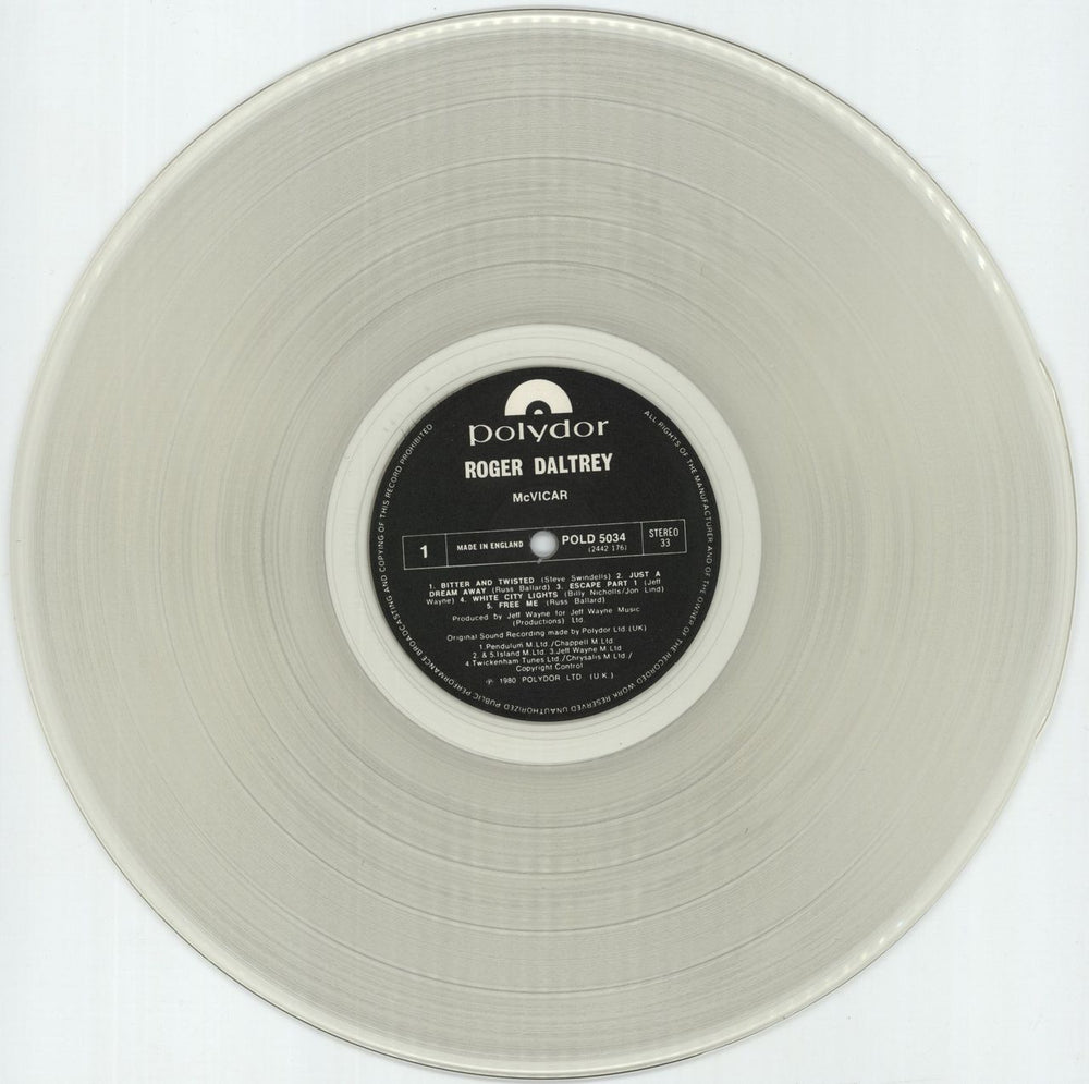 Roger Daltrey McVicar - Clear Vinyl + EX UK vinyl LP album (LP record) RGDLPMC778414