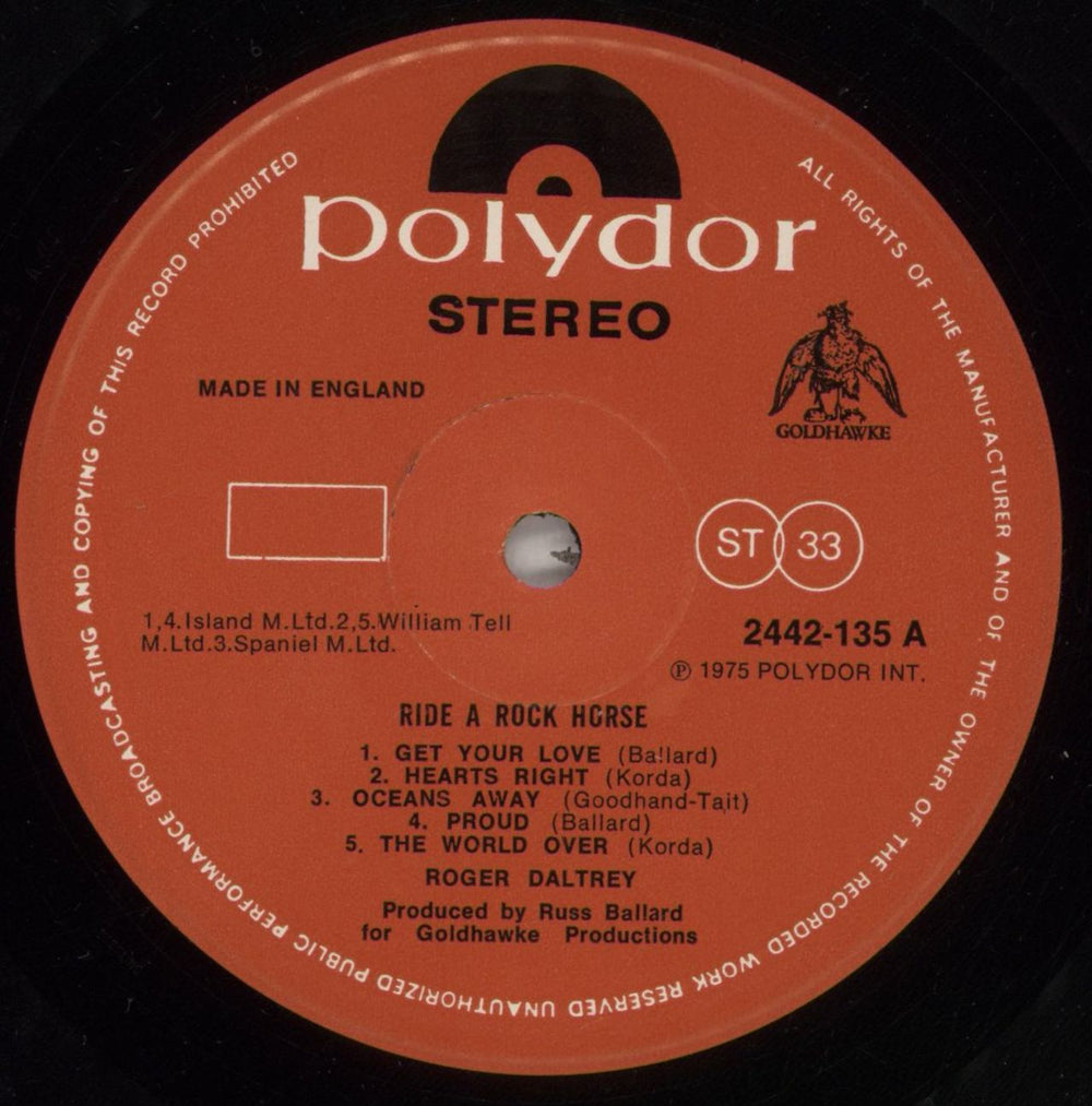 Roger Daltrey Ride A Rock Horse - gold stamped UK vinyl LP album (LP record) RGDLPRI874585