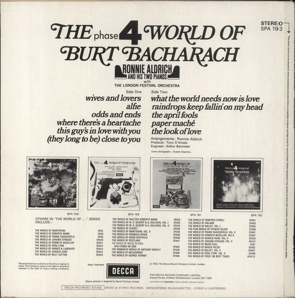 Ronnie Aldrich The Phase 4 World Of Burt Bacharach UK vinyl LP album (LP record)