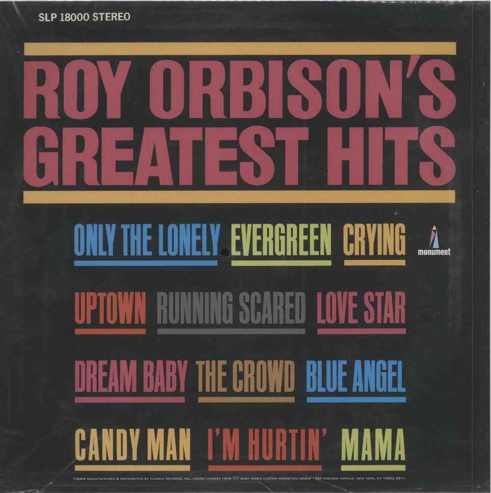 Roy Orbison Greatest Hits US vinyl LP album (LP record)