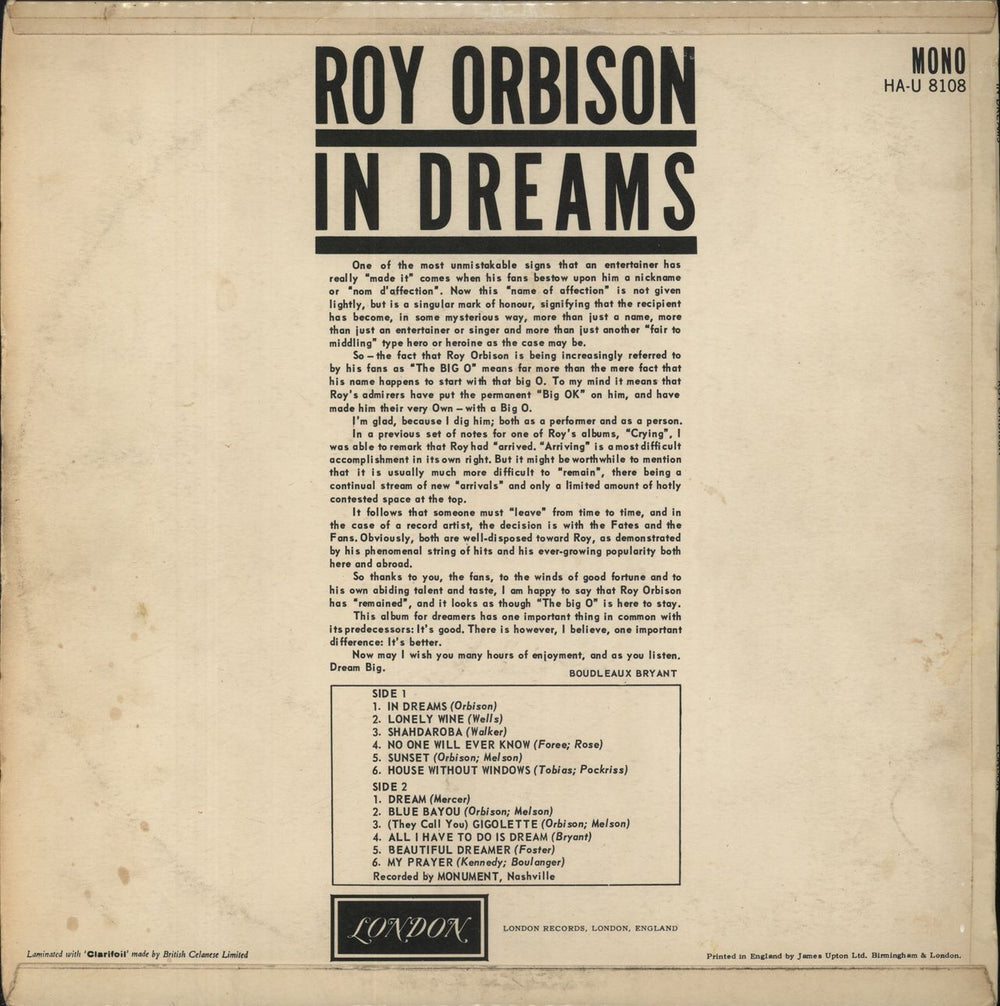 Roy Orbison In Dreams - 1st - EX UK vinyl LP album (LP record)