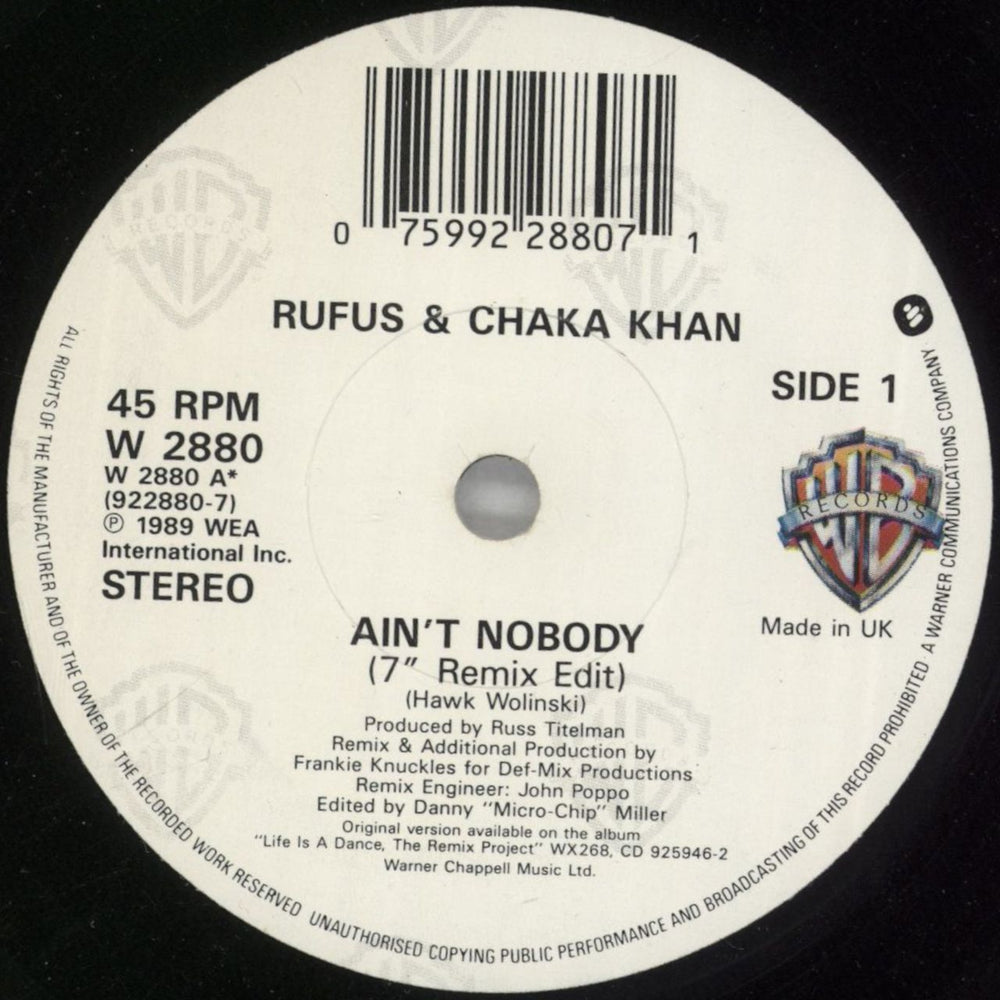 Rufus & Chaka Khan Ain't Nobody UK 7" vinyl single (7 inch record / 45) KHA07AI282118
