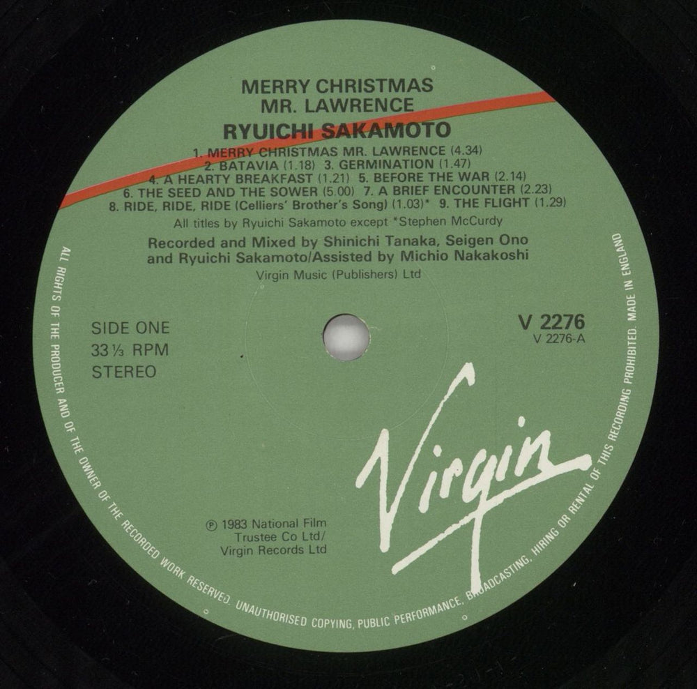 Ryuichi Sakamoto Merry Christmas Mr Lawrence - EX UK vinyl LP album (LP record) RYULPME51436
