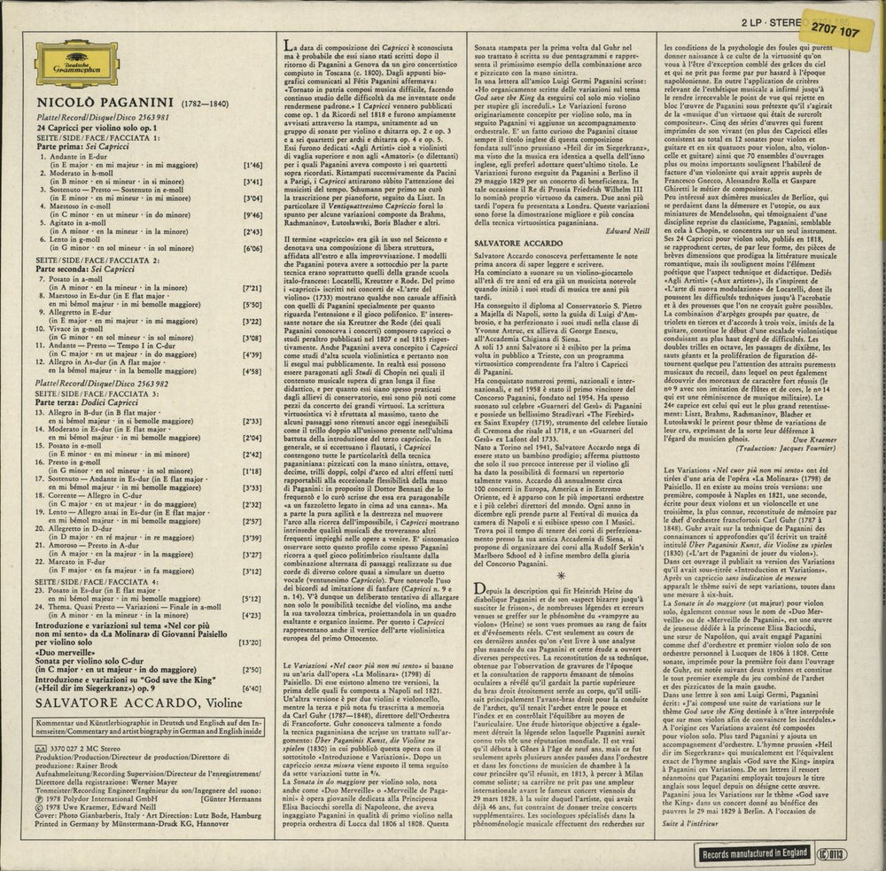 Salvatore Accardo Paganini: 24 Capricci / Variazioni UK 2-LP vinyl record set (Double LP Album)