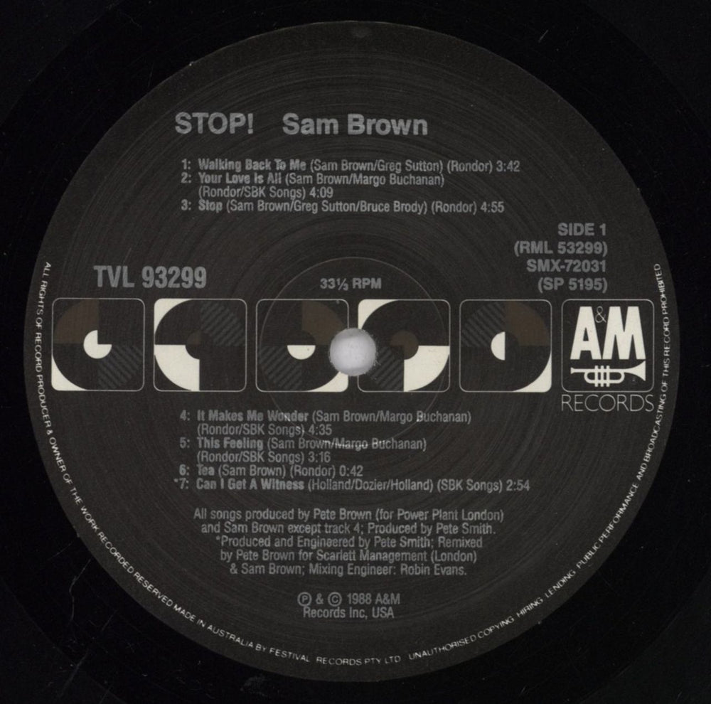 Sam Brown Stop! Australian vinyl LP album (LP record) BWNLPST834004
