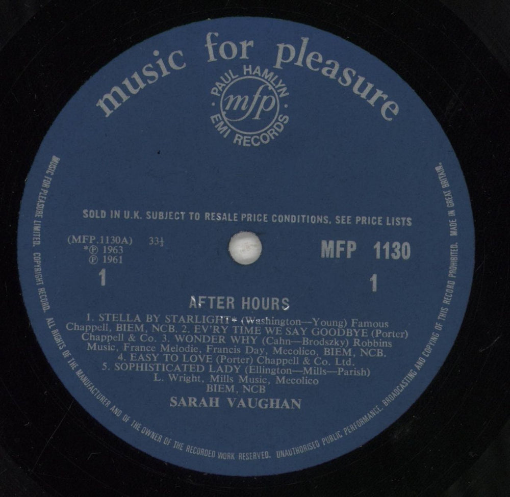 Sarah Vaughan After Hours UK vinyl LP album (LP record) VAALPAF411801