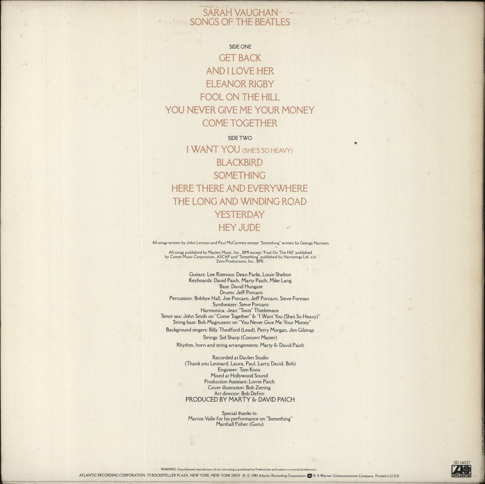 Sarah Vaughan Songs Of The Beatles US vinyl LP album (LP record)