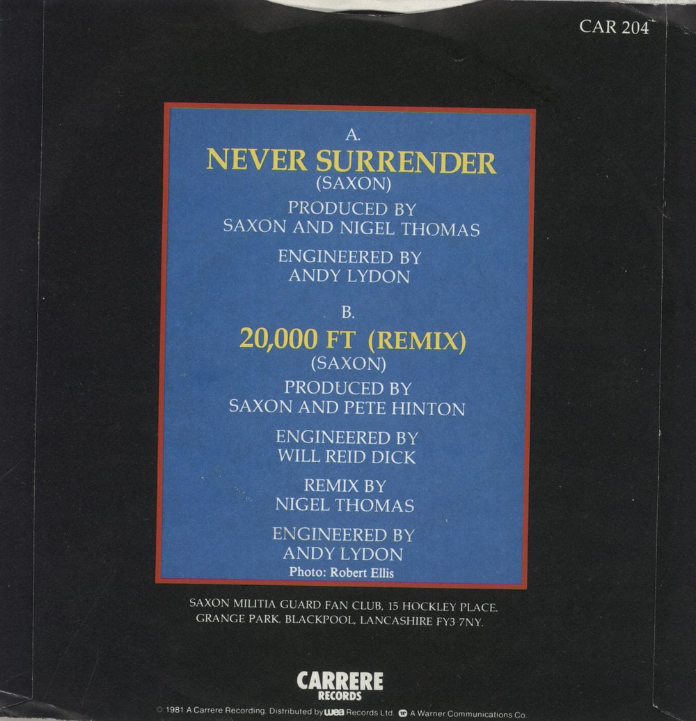 Saxon Never Surrender UK 7" vinyl single (7 inch record / 45)