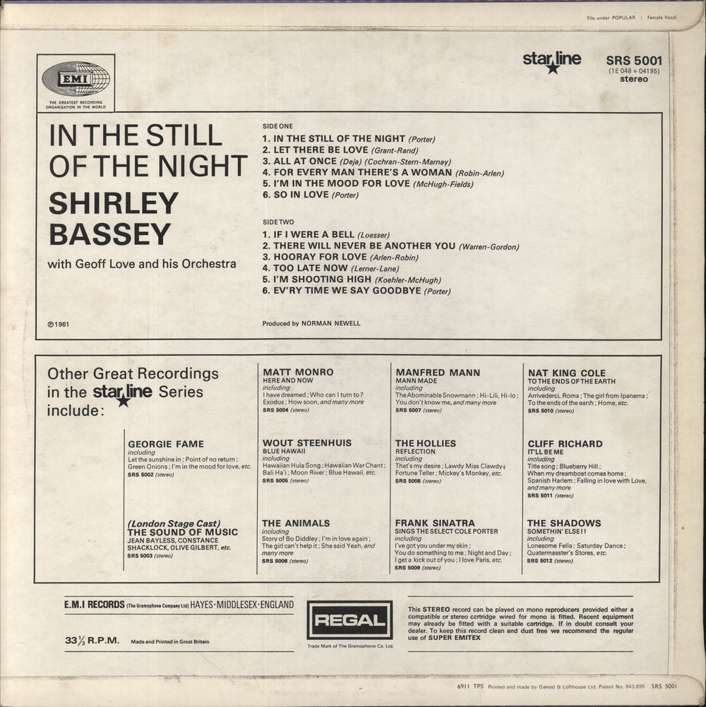 Shirley Bassey In The Still Of the Night UK vinyl LP album (LP record)