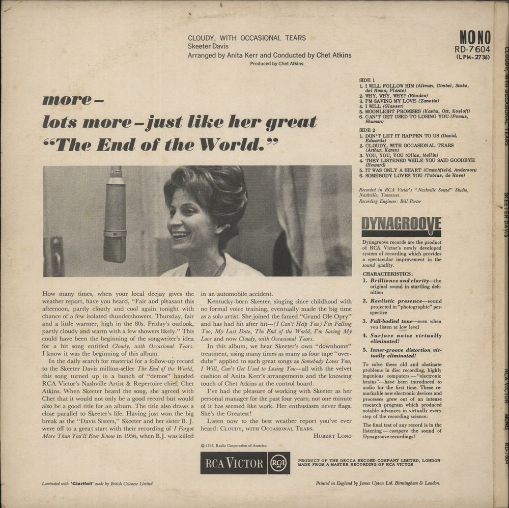 Skeeter Davis Cloudy, With Ocasional Tears UK vinyl LP album (LP record)