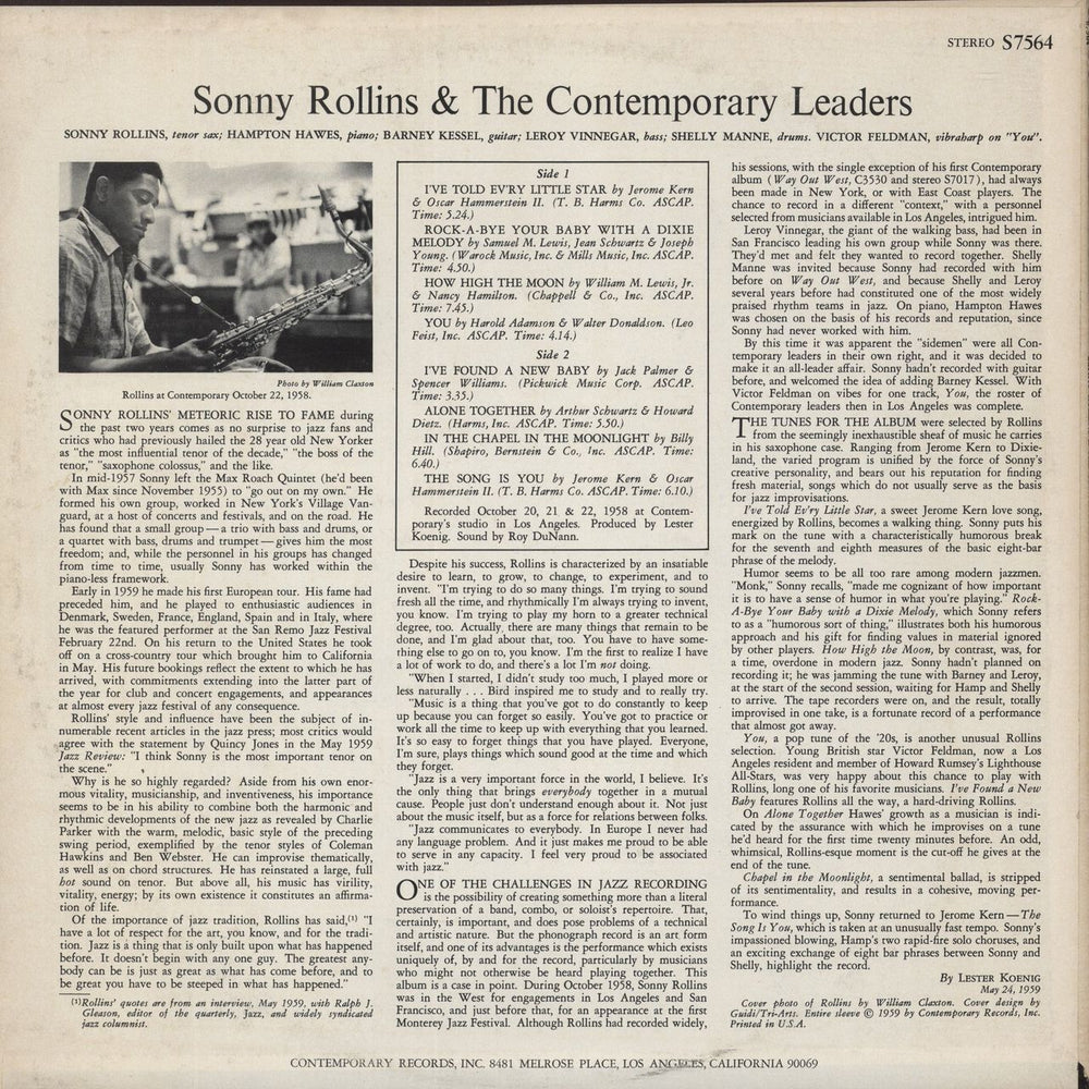 Sonny Rollins Sonny Rollins & The Comtemporary Leaders US vinyl LP album (LP record)