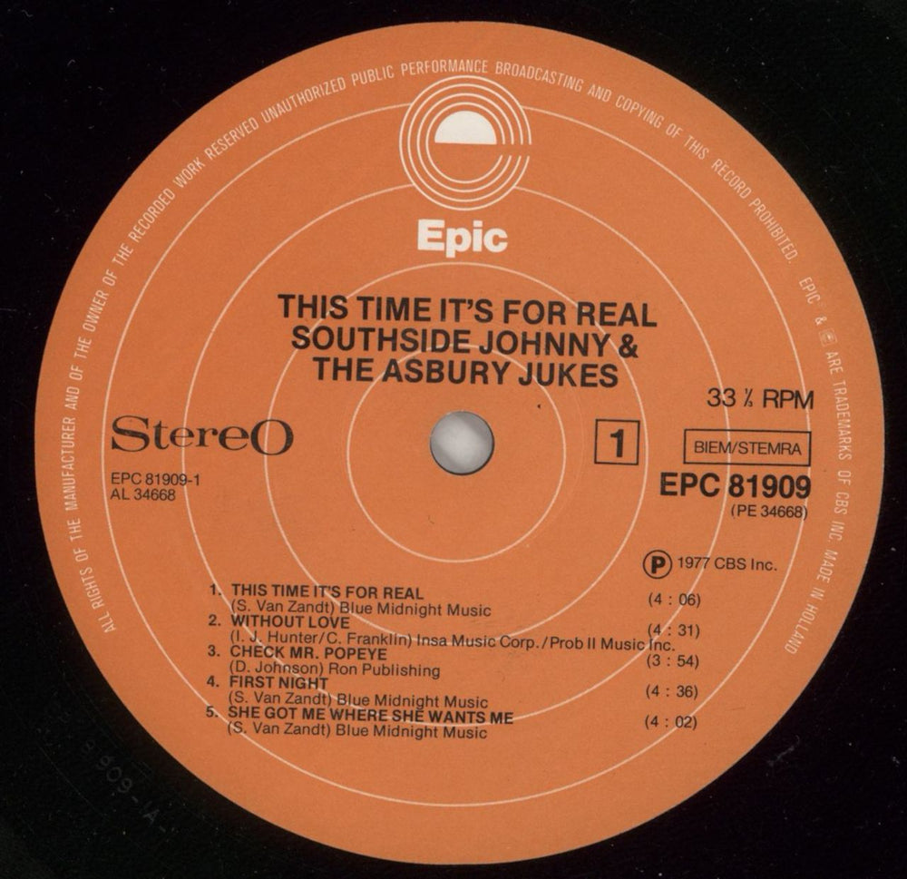 Southside Johnny & The Asbury Jukes This Time It's For Real Dutch vinyl LP album (LP record) SSDLPTH333309
