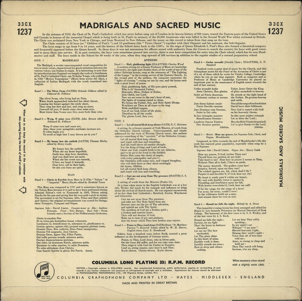 St. Paul's Cathedral Choir Madrigals And Sacred Music UK vinyl LP album (LP record)