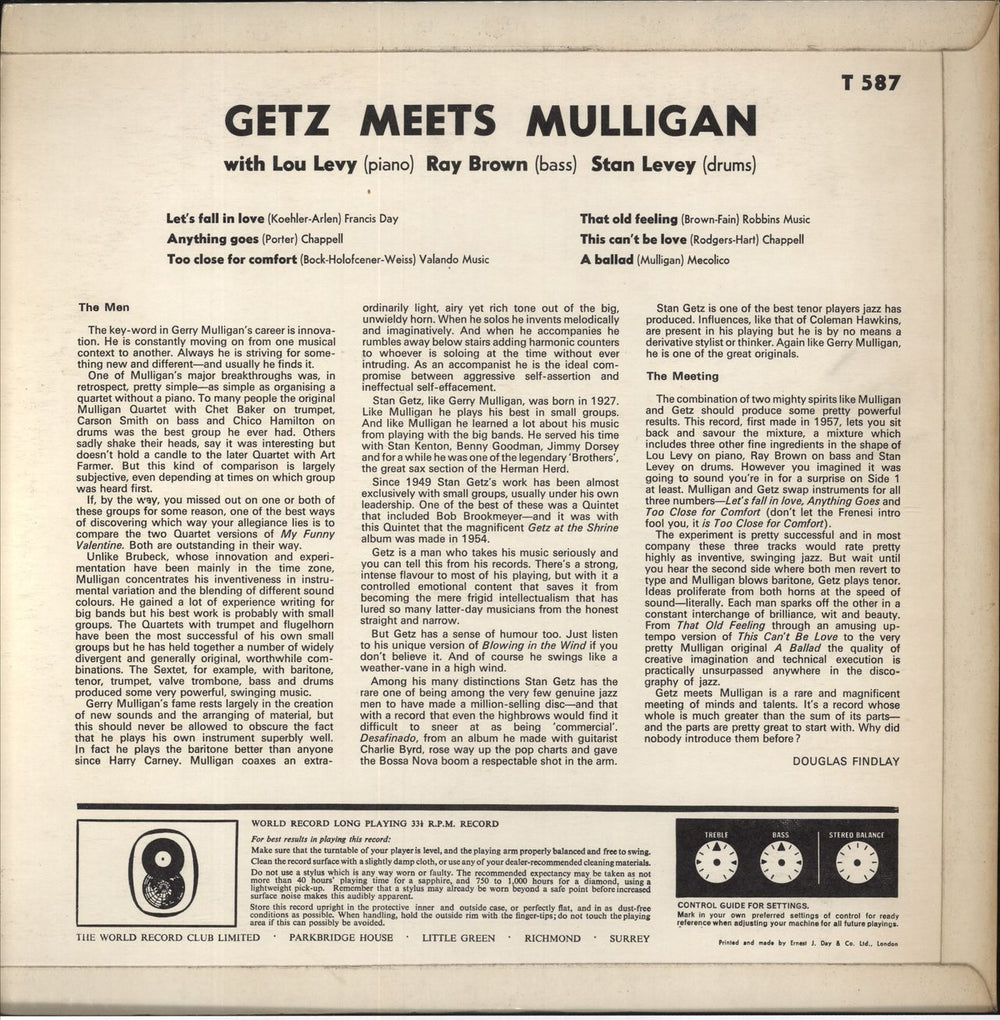 Stan Getz Getz Meets Mulligan UK vinyl LP album (LP record)
