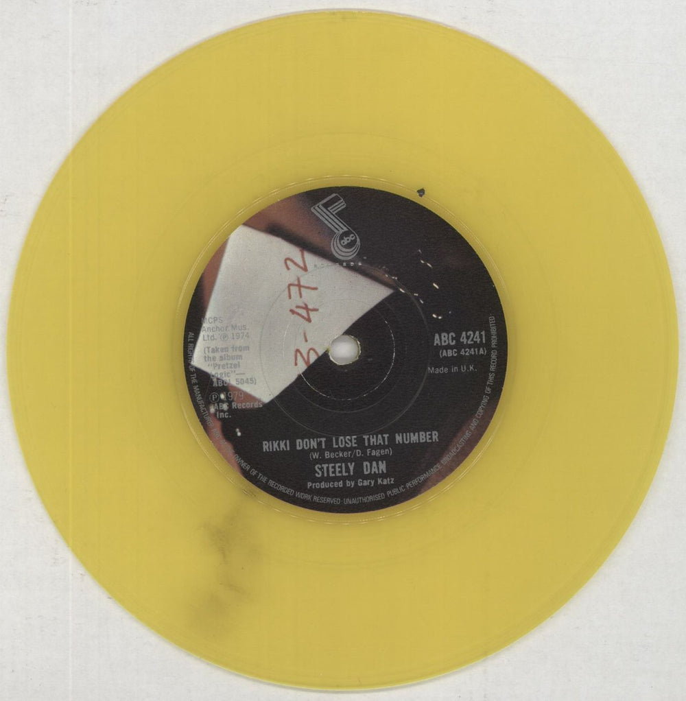 Steely Dan Rikki Don't Lose That Number - Yellow Vinyl - EX UK 7" vinyl single (7 inch record / 45) S-D07RI795810